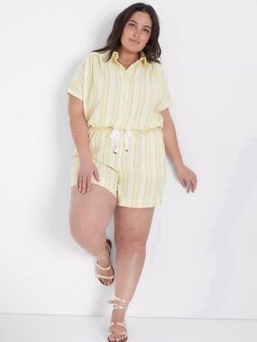 Lane Bryant Popover Top Size 20 Butter Yellow White Stripe Linen Blend Casual
